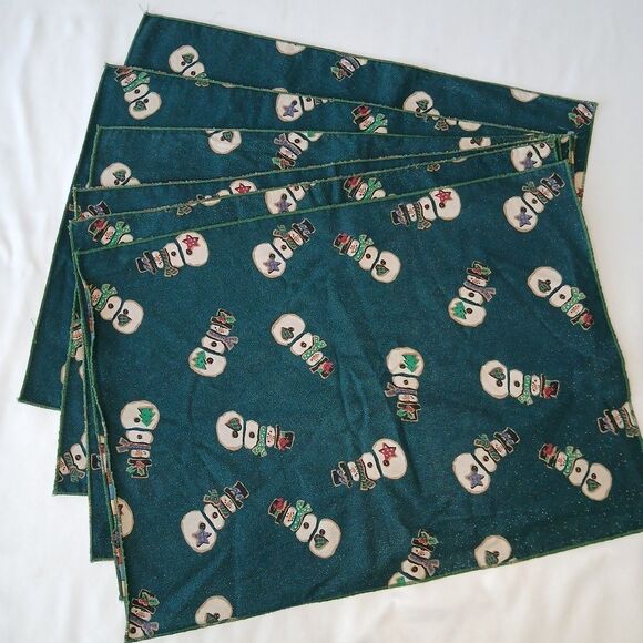 Handmade Placemats Christmas Fabric Glittery Snowmen Scatter Evergreen Set Of 6 - Picture 1 of 4